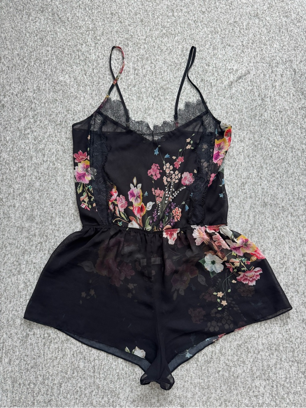 Flora Nikrooz Black Floral Lace-Trim Satin Romper